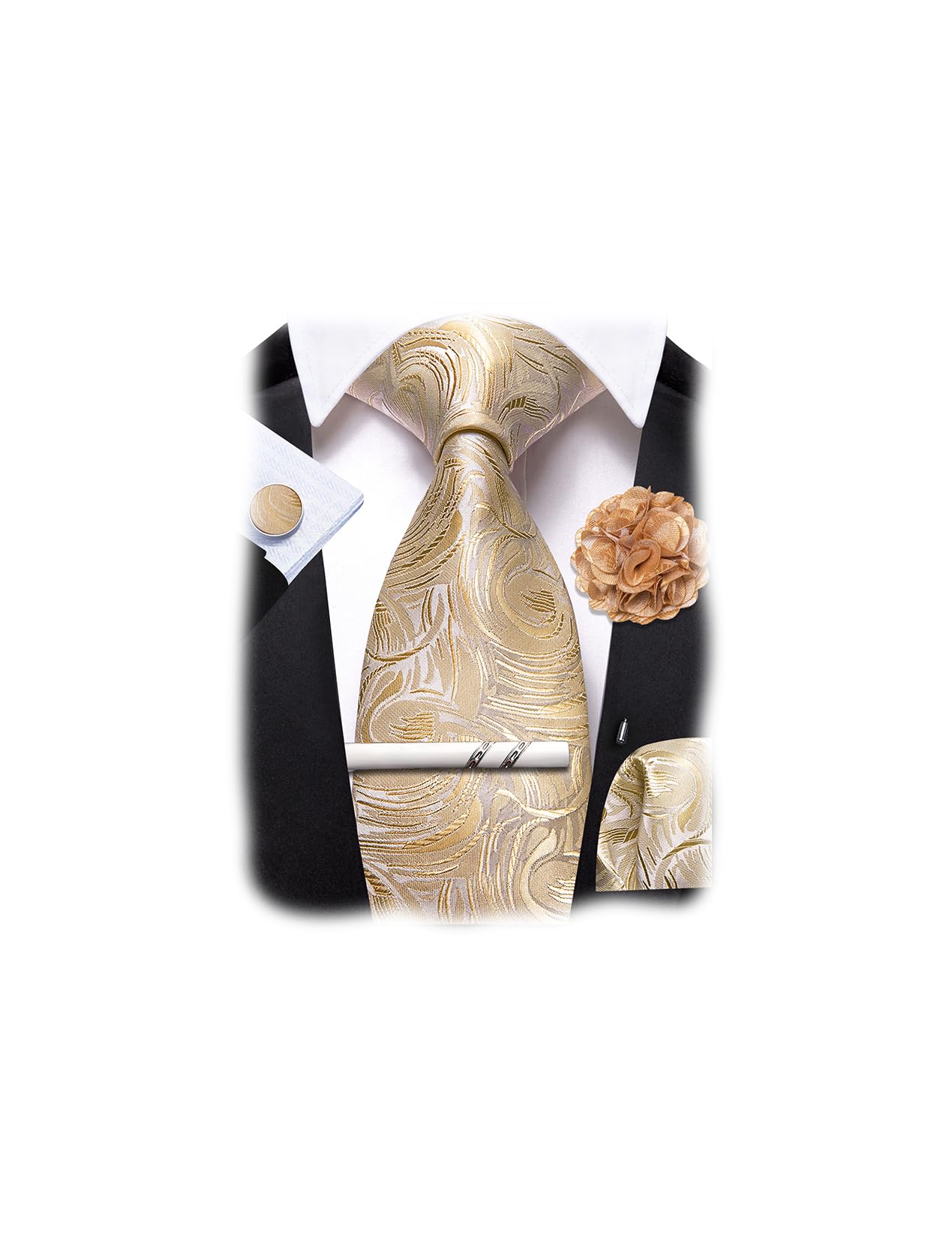 Ailisus Juego de corbatas y alfileres de solapa para hombre, diseño floral de seda, gemelos cuadrados de bolsillo para boda, negocios