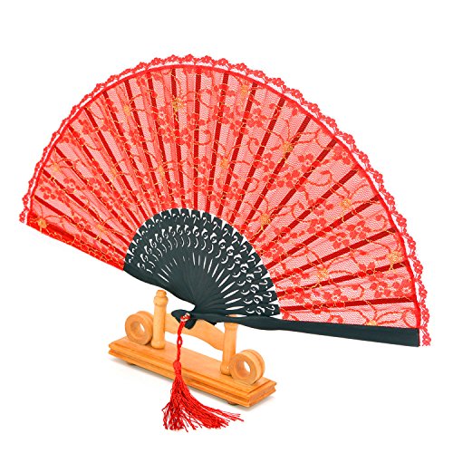 Medifier Lace Bamboo Handheld Folding Fans With hand made silk Fan cover Pouches and gift box Wedding Party Gift for Girls Women Red - Image 2