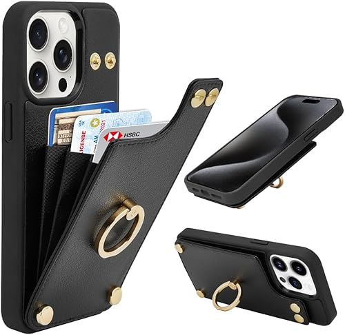 LAMEEKU Funda tipo cartera para iPhone 15 Pro Max, funda con soporte para tarjetas, soporte de anillo de rotación de 360, funda protectora de piel