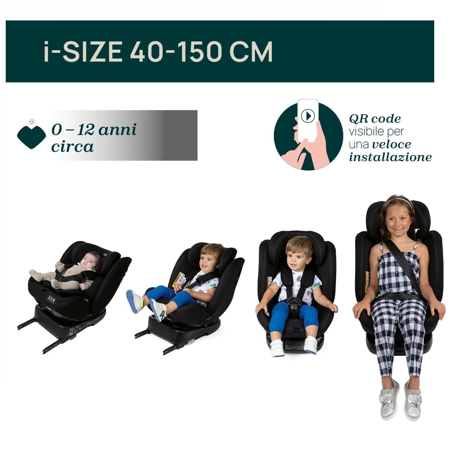 Chicco Unico Evo I-Size, Fotel Samochodowy 0-36 Kg, Homologacja ECE R129/03, Isofix 360° Obrotowy i Rozkładany, Grupa 0+/1/2/3 Od 0 do 12 Lat