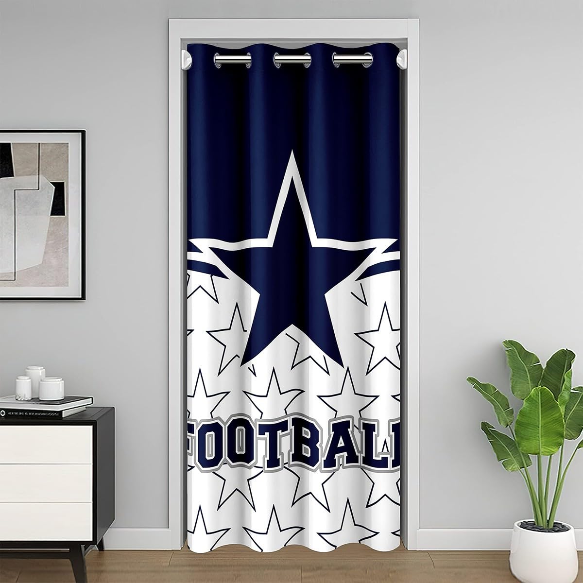 Navy Blue Stars Football Door Curtain Modern Simple Style Grid Decor Doorway Curtain Privacy for Kids Teens Adults Western American Sports Game