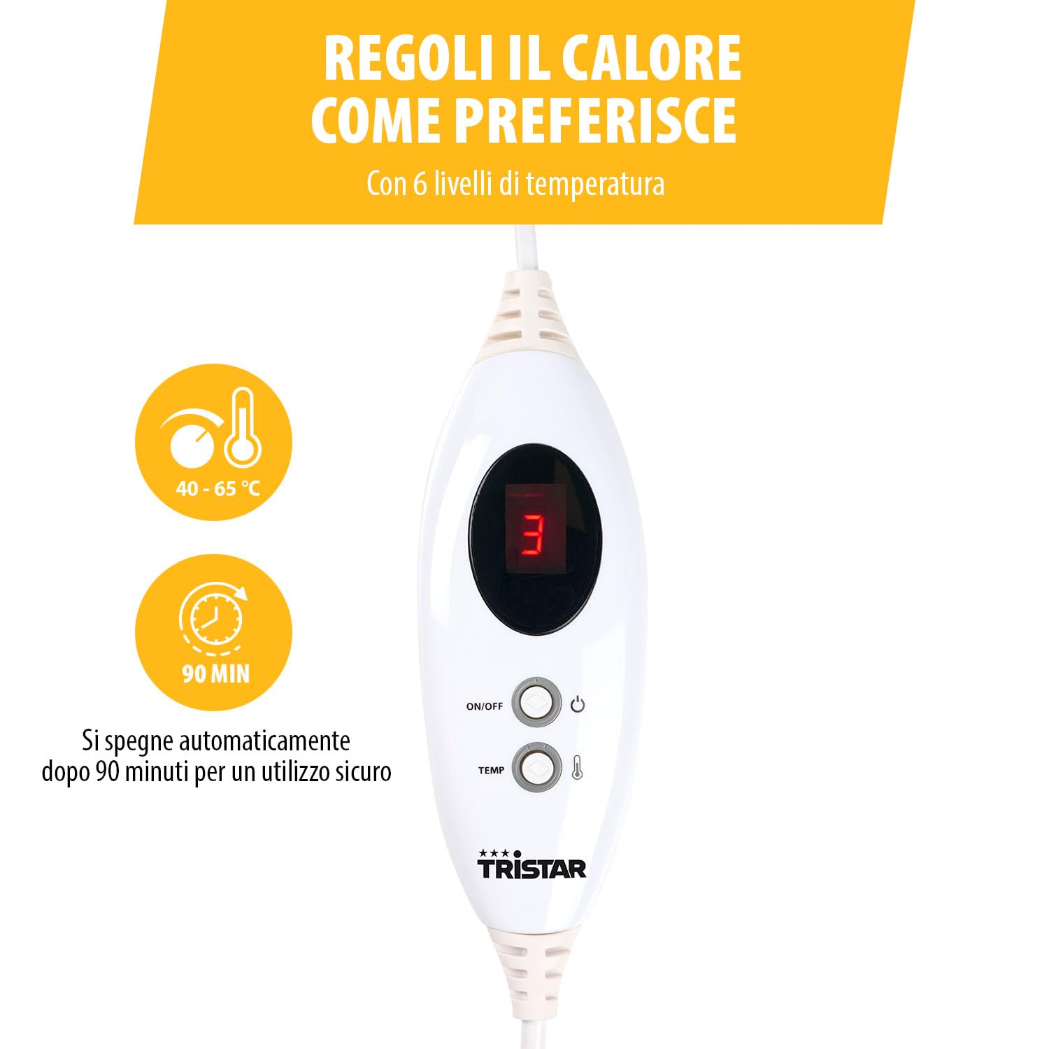 Tristar Scaldamani e Scaldapiedi Multifunzionale, Termocuscino 42x32 cm, 6 Livelli di Calore 40–65°C, Comando Digitale Removibile, Lavabile in Lavatrice, Spegnimento Automatico 90 Min, BW-4771