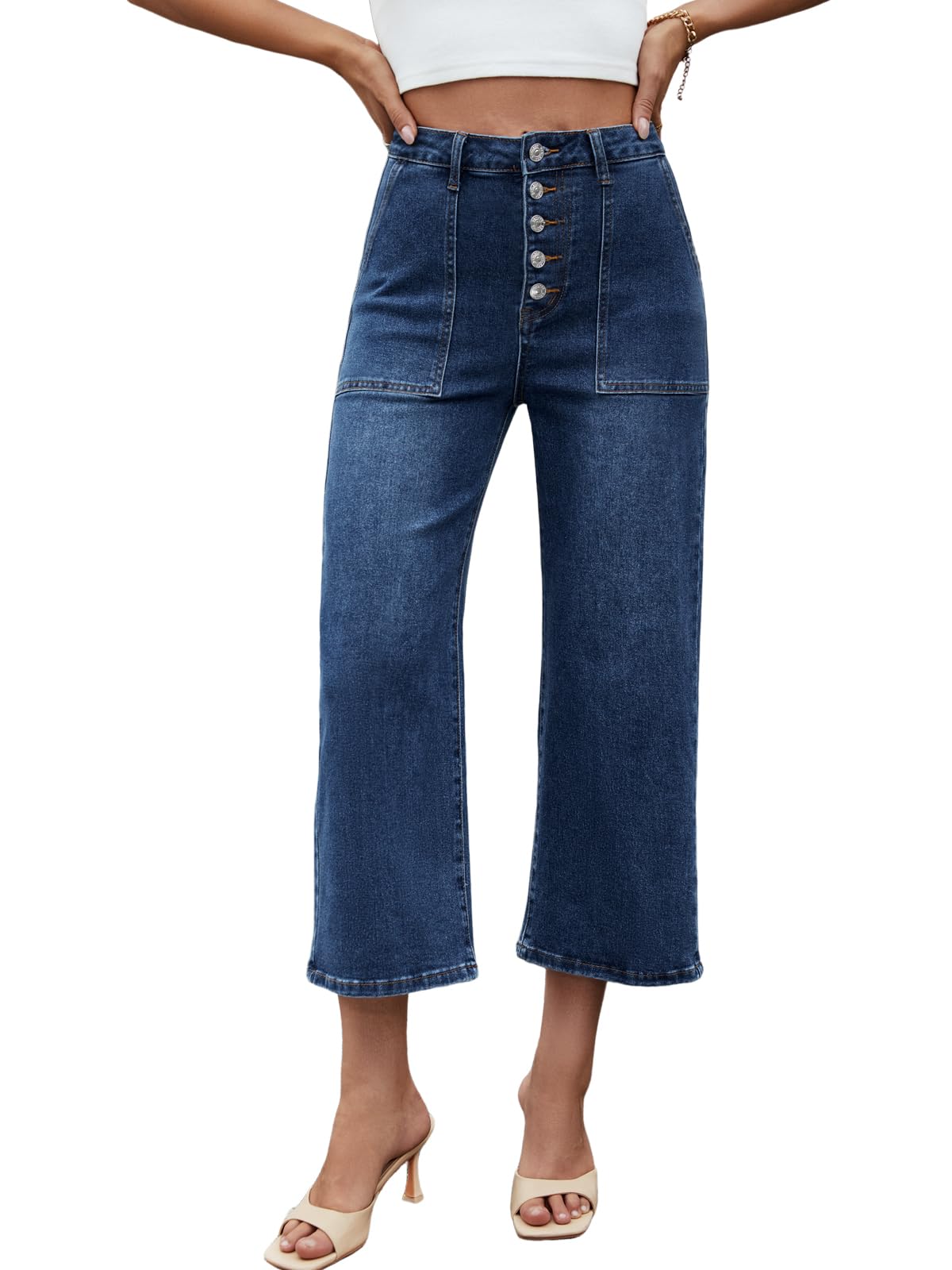 Genleck Women's Wide Leg Jeans – Cropped High Waisted Petite Trendy Jeans Button Stretchy Capri Baggy Loose Fit Denim Pants