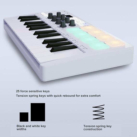 USB MIDI Keyboard Controller 25 Key MIDI Control Keyboard with 8 MPC Beat Pads 8 Backlit Drum Pads 8 Assignable Knobs Music Production Software
