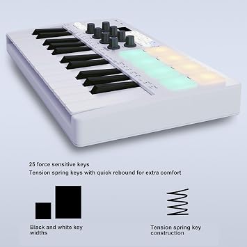 USB MIDI Keyboard Controller 25 Key MIDI Control Keyboard with 8 MPC Beat Pads 8 Backlit Drum Pads 8 Assignable Knobs Music Production Software