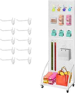 NectaCol 2x 6 Metal Pegboard Display Stand with a Plate, Peg Board Panels, Standing Pegboard Display, Craft Fair Display Rack, Art Display Stand, Extra 10 pieces Hooks - White