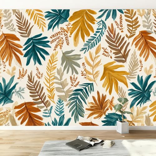 Papel pintado no tejido selva tropical plantas hojas, Mural decorativo de diseño rústico campestre 450An x 280Al cm para dormitorio y oficina - Papel pintado panorámico fácil de instalar