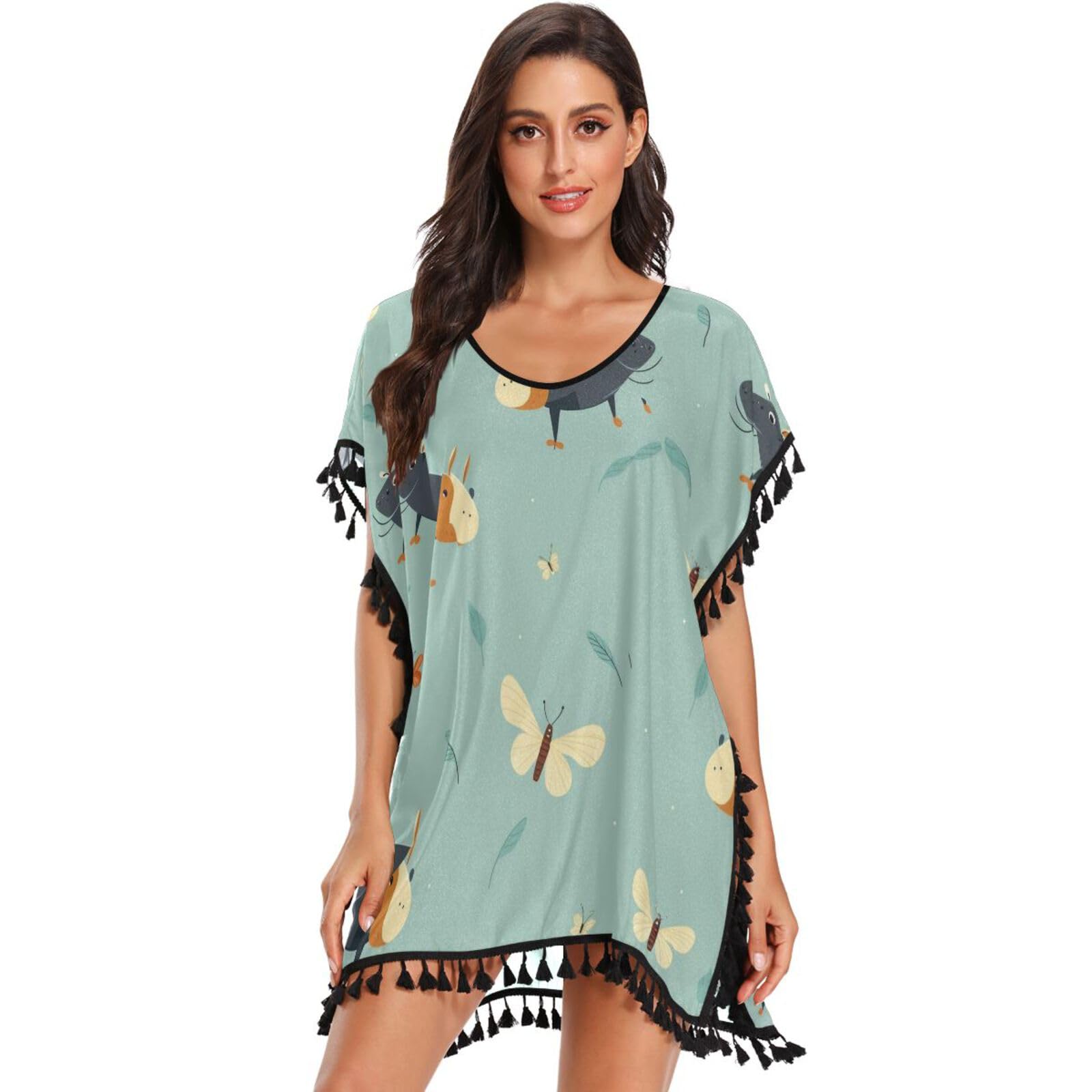 Butterfly Mouse Dog Art Women's Beach Cover Up Chiffon Tassel Swimwear Swimsuit Coverups for Girl