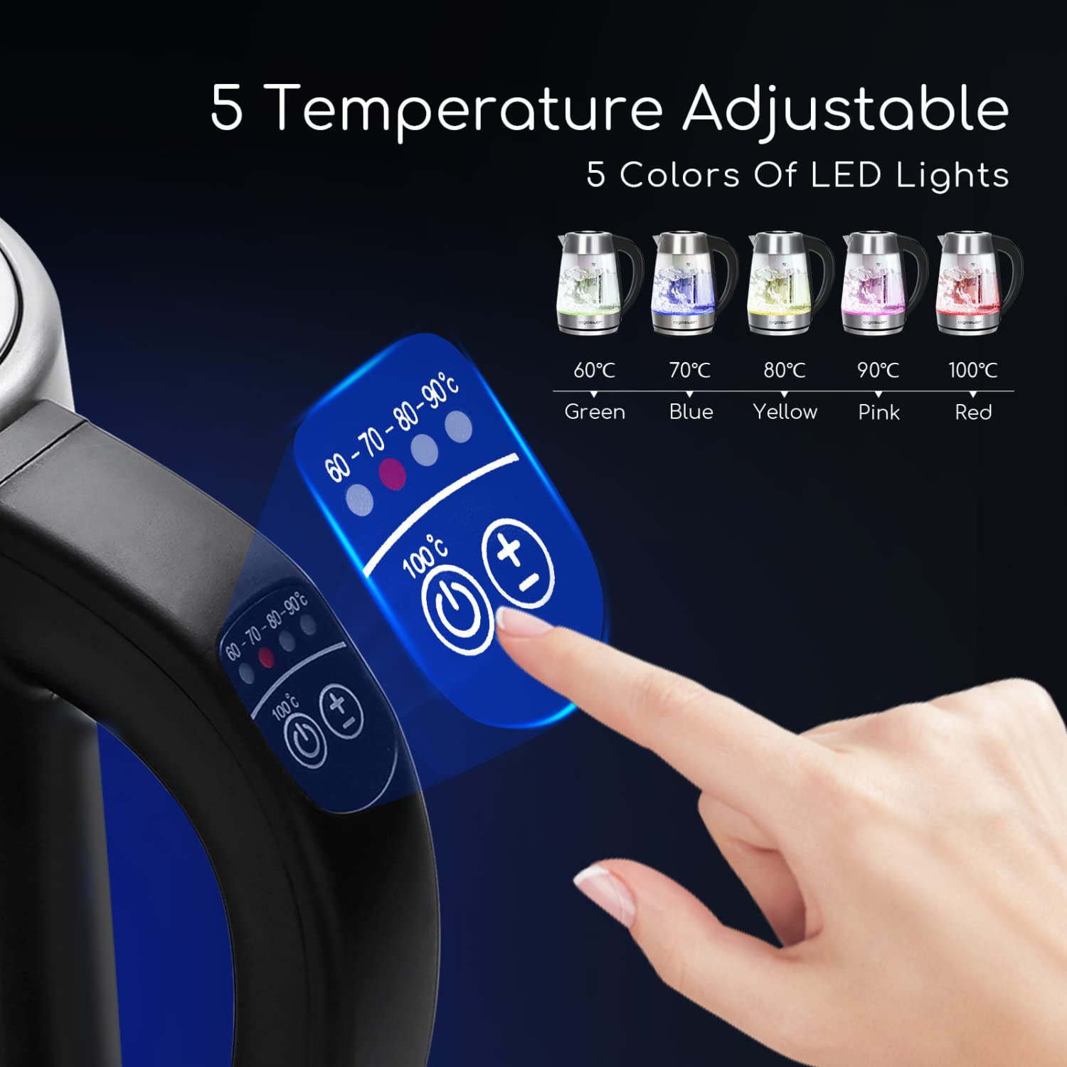 Aigostar Bouilloire en verre 2200W 1.7L Température Réglable 60-100°C Maintien au chaud Filtre à thé
