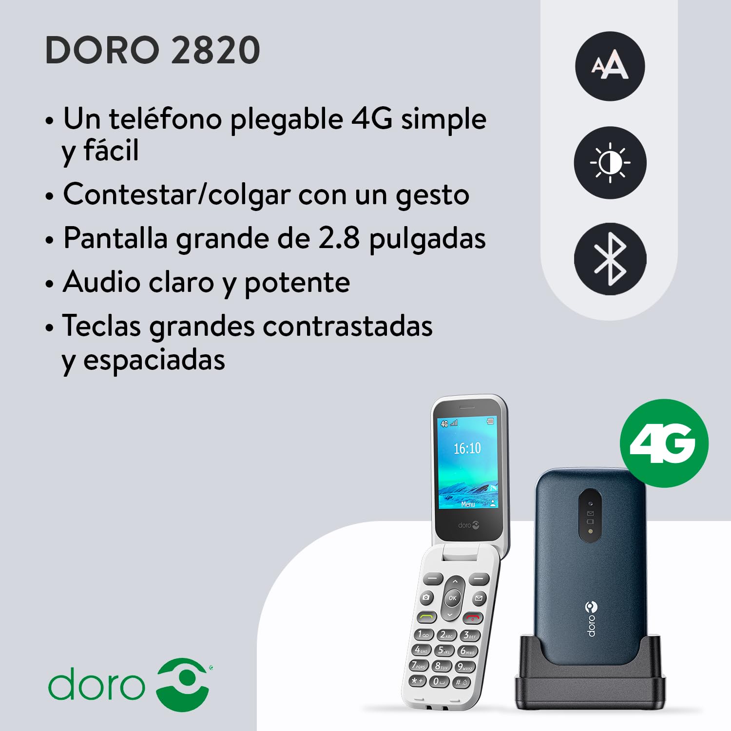 Doro 2820 4G - Teléfono móvil con Tapa desbloqueada para Personas Mayores, con Grandes Teclas parlantes – Cámara – Bluetooth – Tecla de Asistencia – Teléfono básico sin Internet