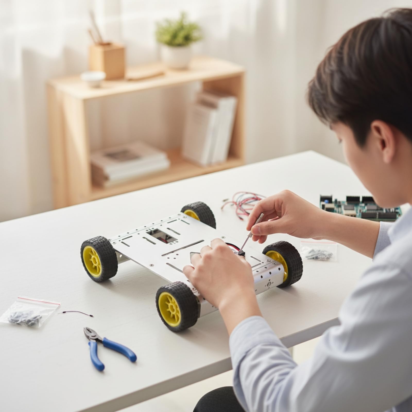 Amagogo Robótica 4WD Chasis de Coche Robot Base Móvil Bastidor de Aluminio Rectangular con Agujeros Compatible con Placas Sensores y Servos Ruedas de Goma, Plata