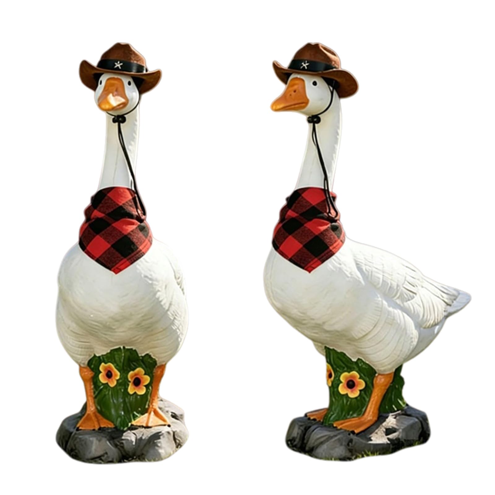 Resina ornamentale oca bianca con cappello cowboy per portico | Oca decorativa da giardino 14 pollici, regalo di inaugurazione della casa; scultura realistica da fattoria