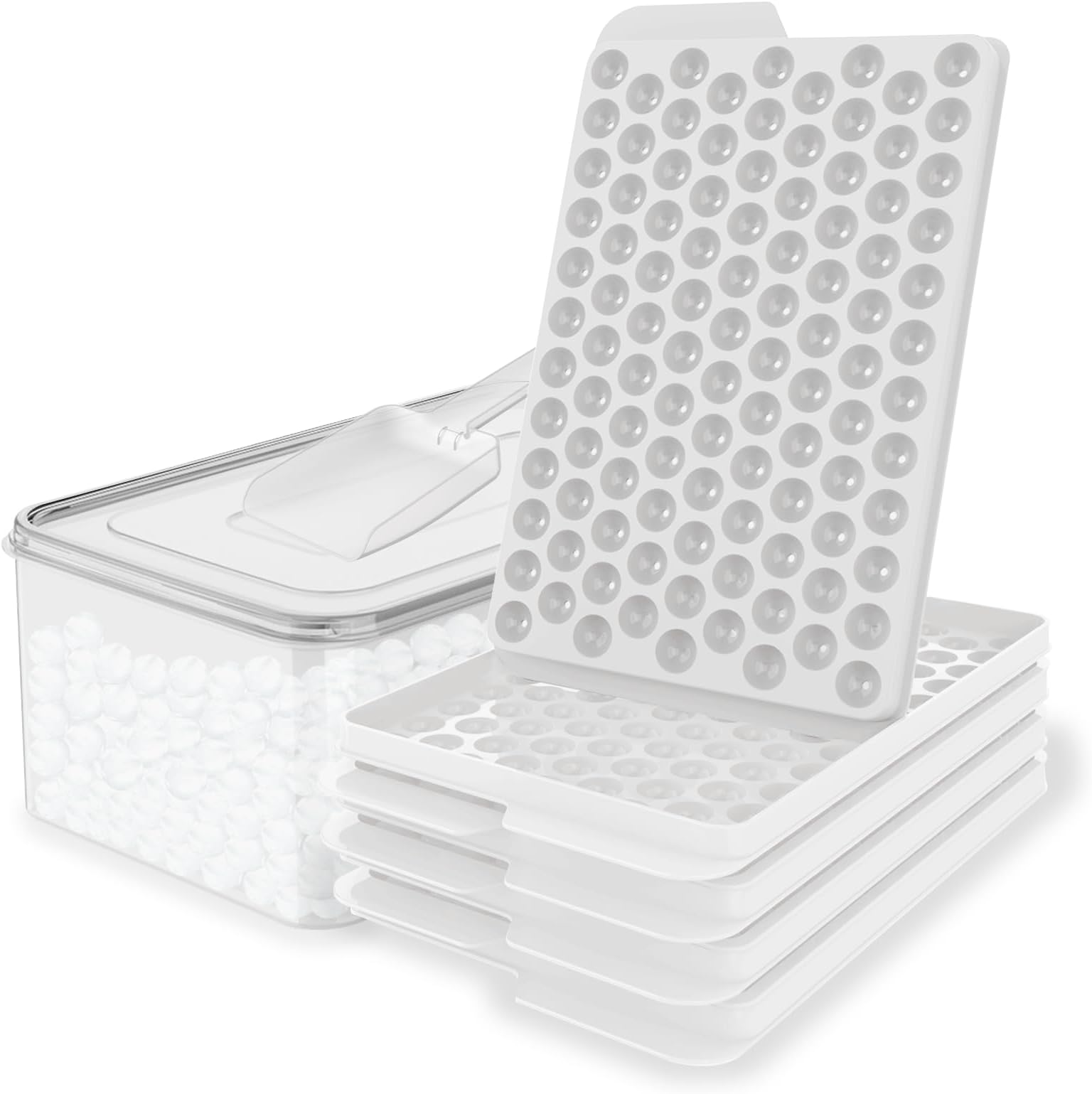 WIBIMEN Mini Ice Cube Trays, 0.55” Tiny Pebble Ice for Iced Coffee & Cocktails, Fast Chill, Easy Twist Release, Stackable with Lid & Storage Bin (4 Pack, White)