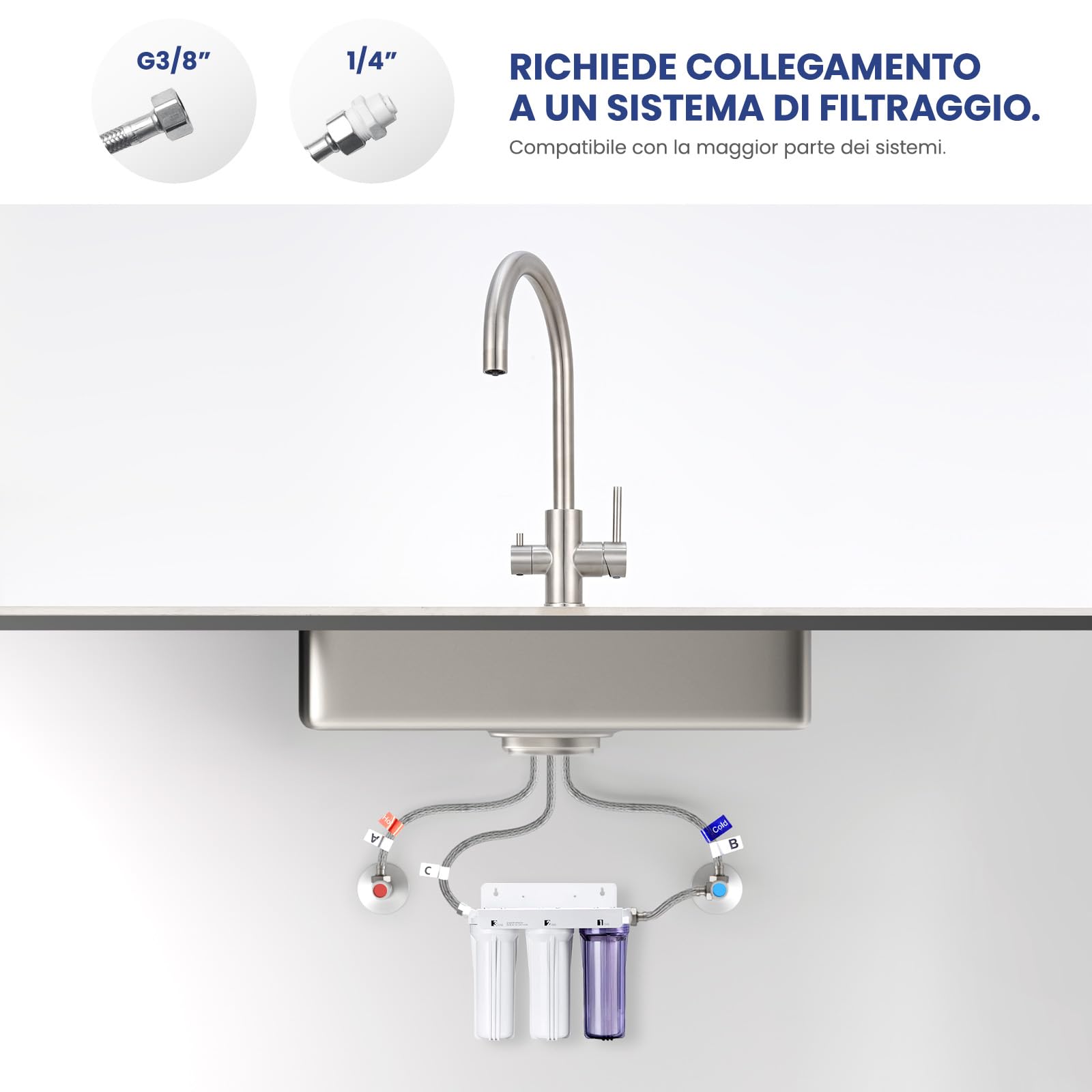CECIPA Grifo Cocina 3 Vías Acero Inoxidable Purificador Agua Filtrada | Grifo cocina 3 vías acero inoxidable 304 con agua filtrada, válvula cerámica, aerador ABS, rotación 360, ahorro de agua