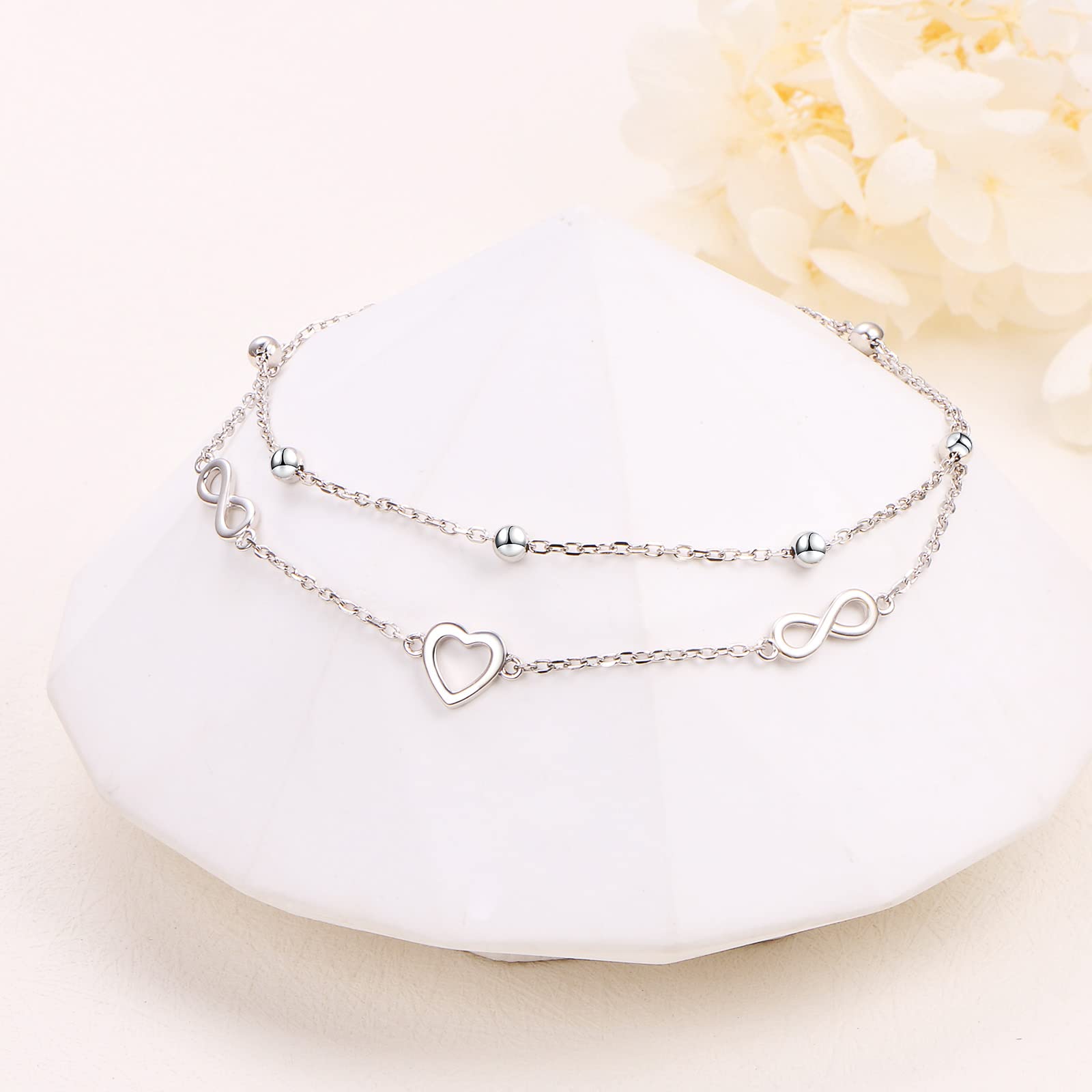 Anklets for Women 925 Sterling Silver Ankle Bracelet Heart/Infinity/Cross/Butterfly Anklet Summer Beach Adjustable Double Layered Beaded Foot Chian Jewelry Gift for Women Teen Girls