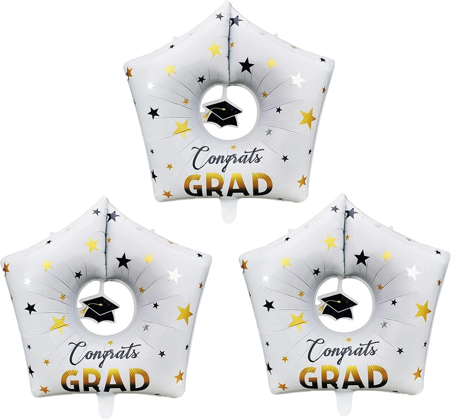 3Pcs Grad Star Balloons | Graduation Cap Star Balloons | Sliver and Gold, Congrats Grad Design for Graduation Party Decorations