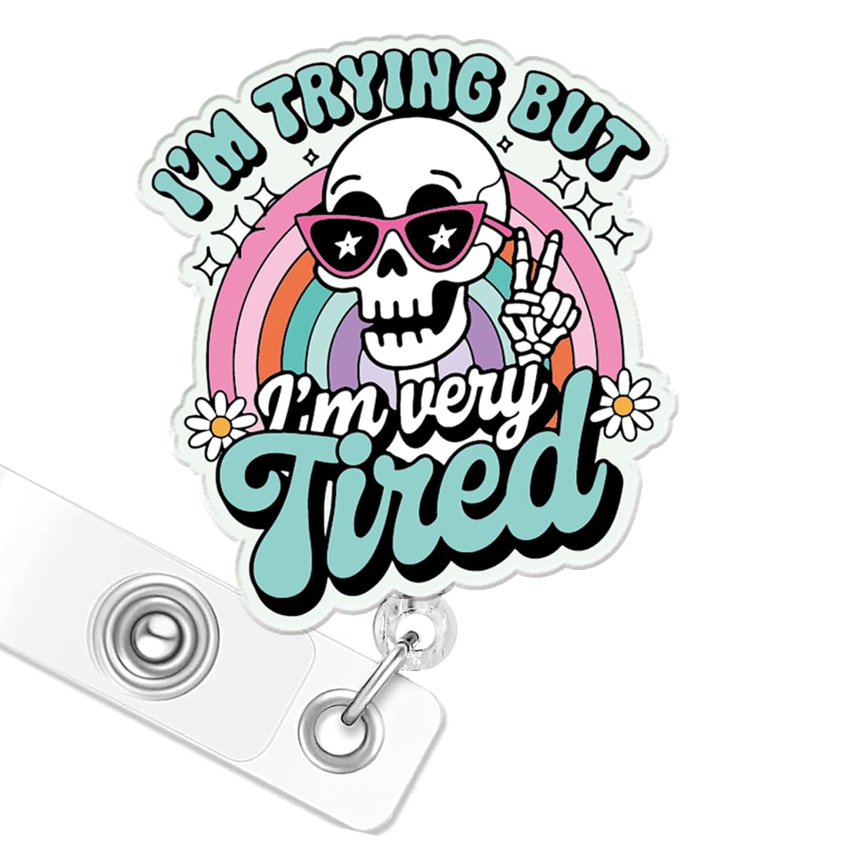Funny Skeleton Badge Reel, Halloween Retractable Badge Holder with Alligator Clip for Nurse Nursing Student Medical Assistant, I'm Trying But I'm Very Tired