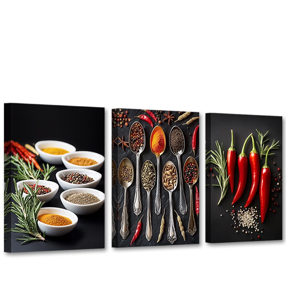 CCWACPP Kitchen Canvas Wall Art 3 Panels Spices Pictures Print Dining Room Wall Decor Vintage Food Paintings Kitchen Restaurant Decor Framed (28x35cmx3)