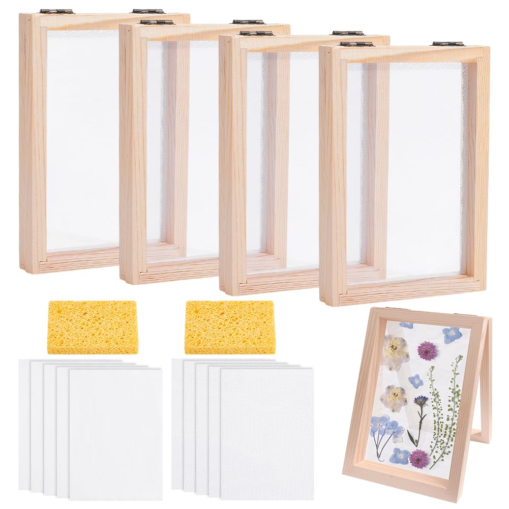NBEADS 10 Stück Papierherstellungsrahmen Set, A6 Große Hölzerne Papierschöpfform Mit Sieb Und Schwamm Scheuerschwamm Für DIY Papierbastelarbeiten, Innendurchmesser: 15.6x10.2cm