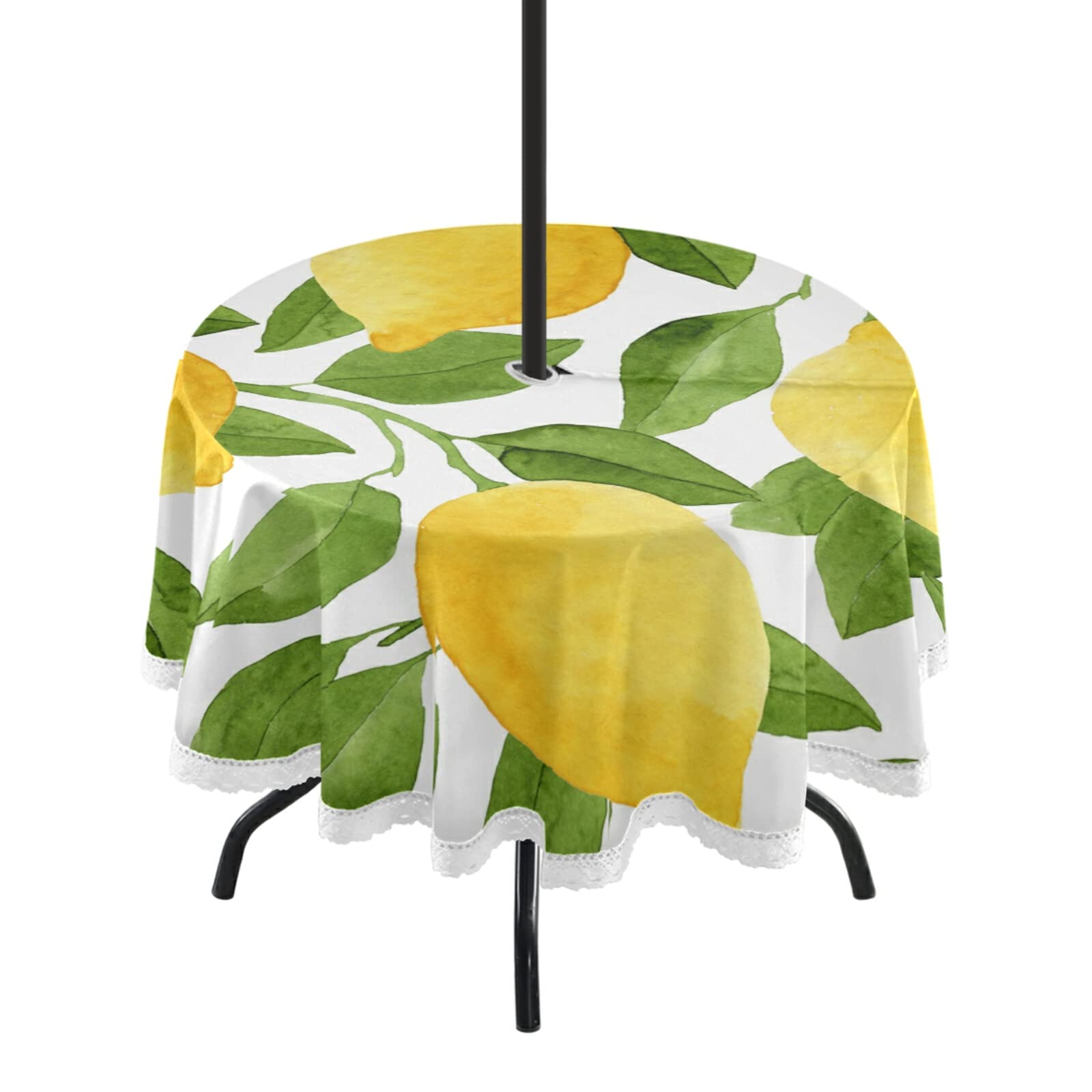 xigua Fresh Tropical Fruits Lemon Round Tablecloth 60In,Waterproof Patio Table Cloths with Umbrella Hole and Zipper,Table Covers for Indoor & Outdoor Backyard/BBQ/Picnic