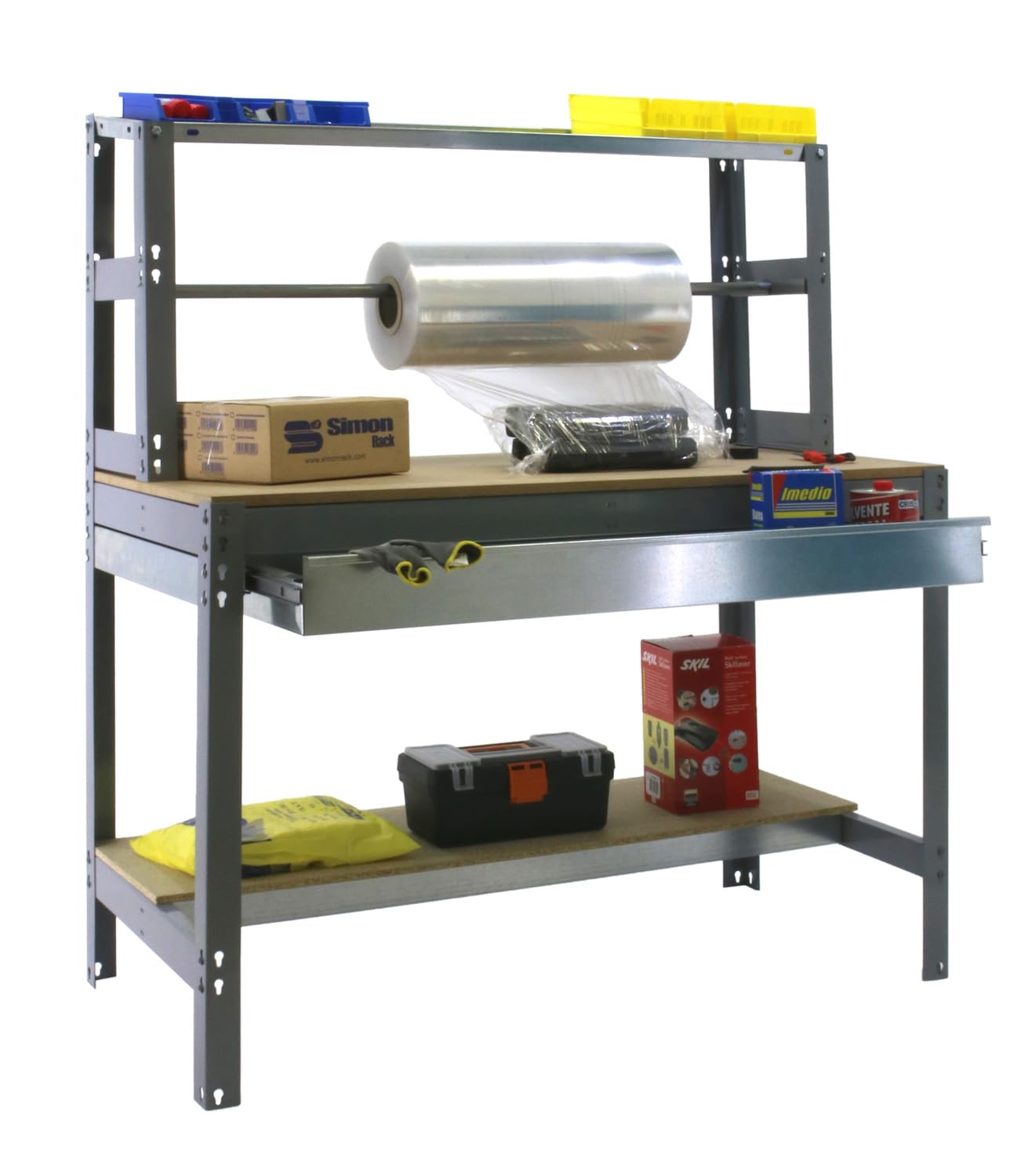 Simon Rack Banco de Trabajo con Porta Rollo y cajón 910x760 mm - BT4 | Tablero madera 16 mm, Capacidad Carga 400 kg, Gris , Pintura anticorrosión, Montaje sistema clic