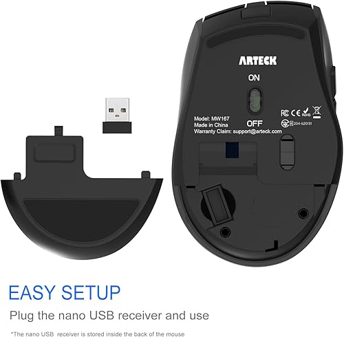 Miniatura 3 de Arteck Ratón inalámbrico de 2.4G con receptor Nano USB, diseño ergonómico, clic silencioso con botones de interruptor lateral para computadora,