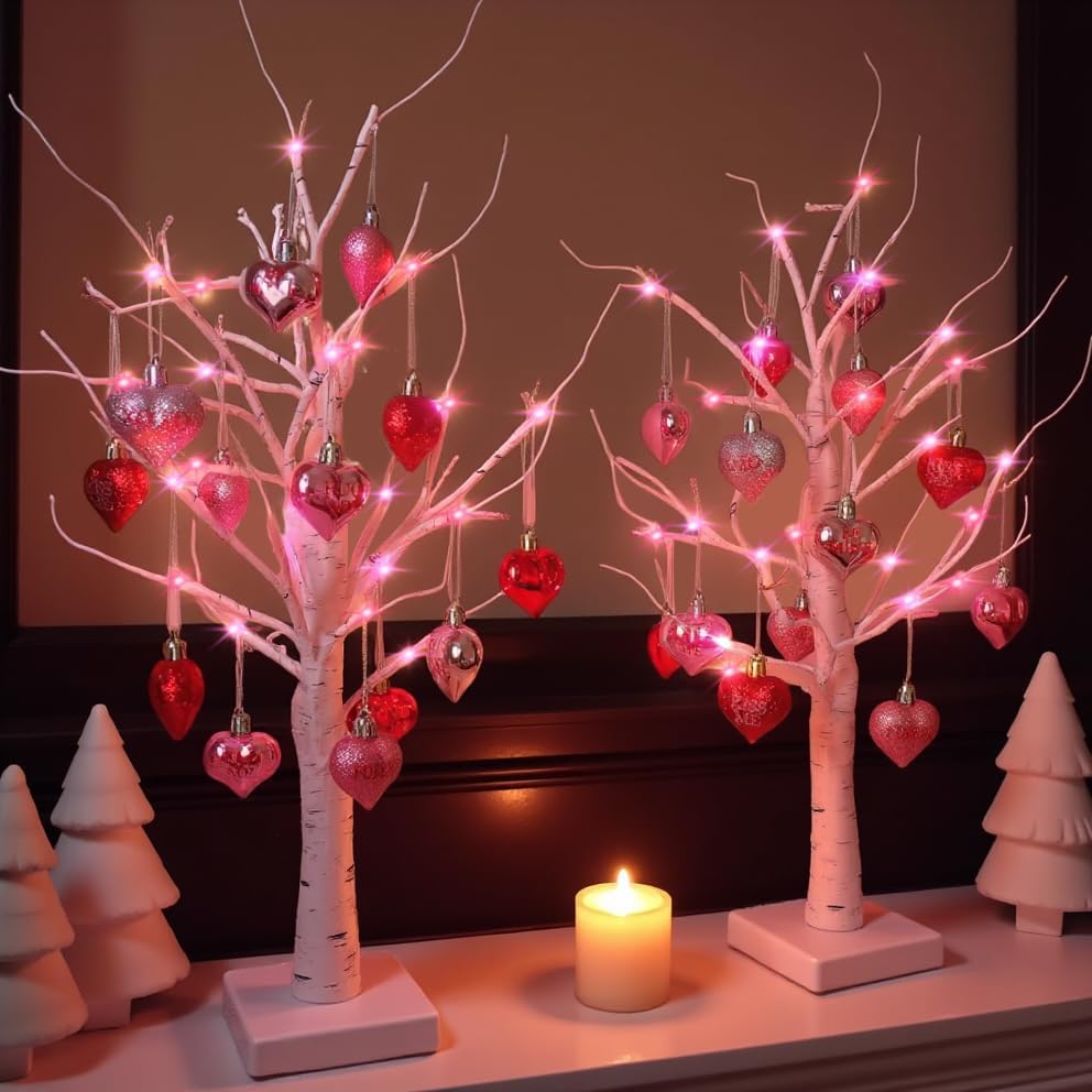 Miniatura 6 de Decoración de árbol de abedul iluminado para el día de San Valentín, mesa pequeña de 24 pulgadas, decoración de árboles de luz LED artificiales con