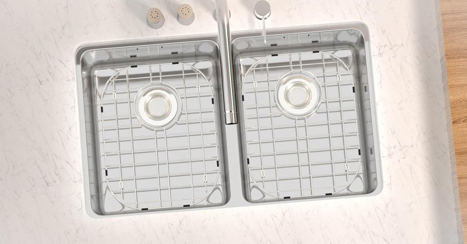 SANNO Kitchen Sink Protectors Gird Sink Rack, 14.57" L X 11.2" W Bottom Grid with Rear Drain Hole for Double Sink, Stainless Steel, 2 Pack
