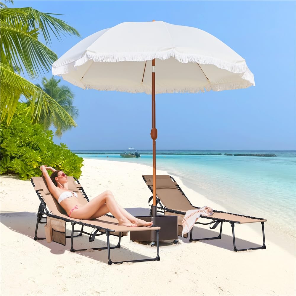 Yaheetech Sonnenliege Klappbar mit 5-Fach Verstellbarer Rückenlehne, Beige | 189x57x38cm, Stabil & Tragbar Strandliege Gartenliege Campingbett mit Kissen & Seitentasche bis 120kg für Outdoor