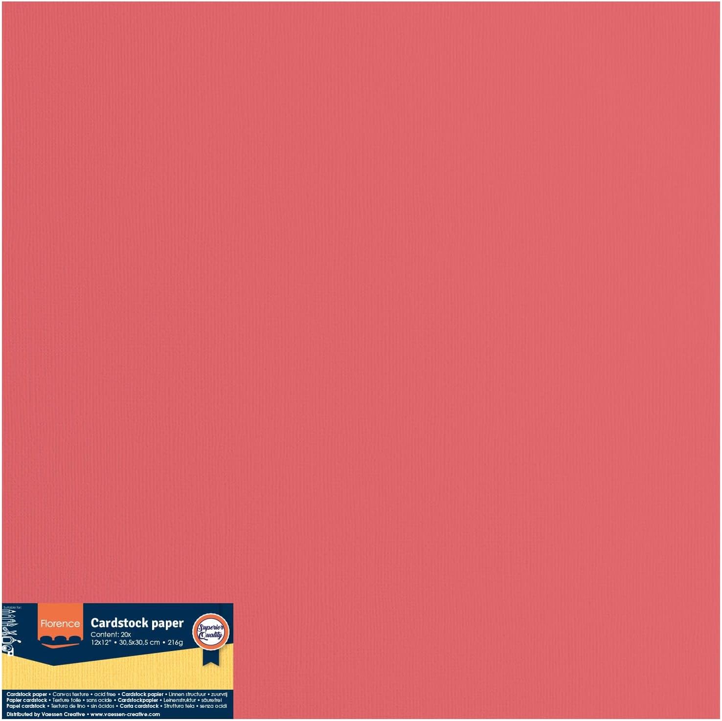 Vaessen-Creative Florence Textured Cardstock, Rhubarb Pink, 216 Grams, 12x12 inches, 20 Sheets, for Scrapbooking, Card Making, Die Cutting and Other Paper Crafts, 30.5x30.5cm, Red