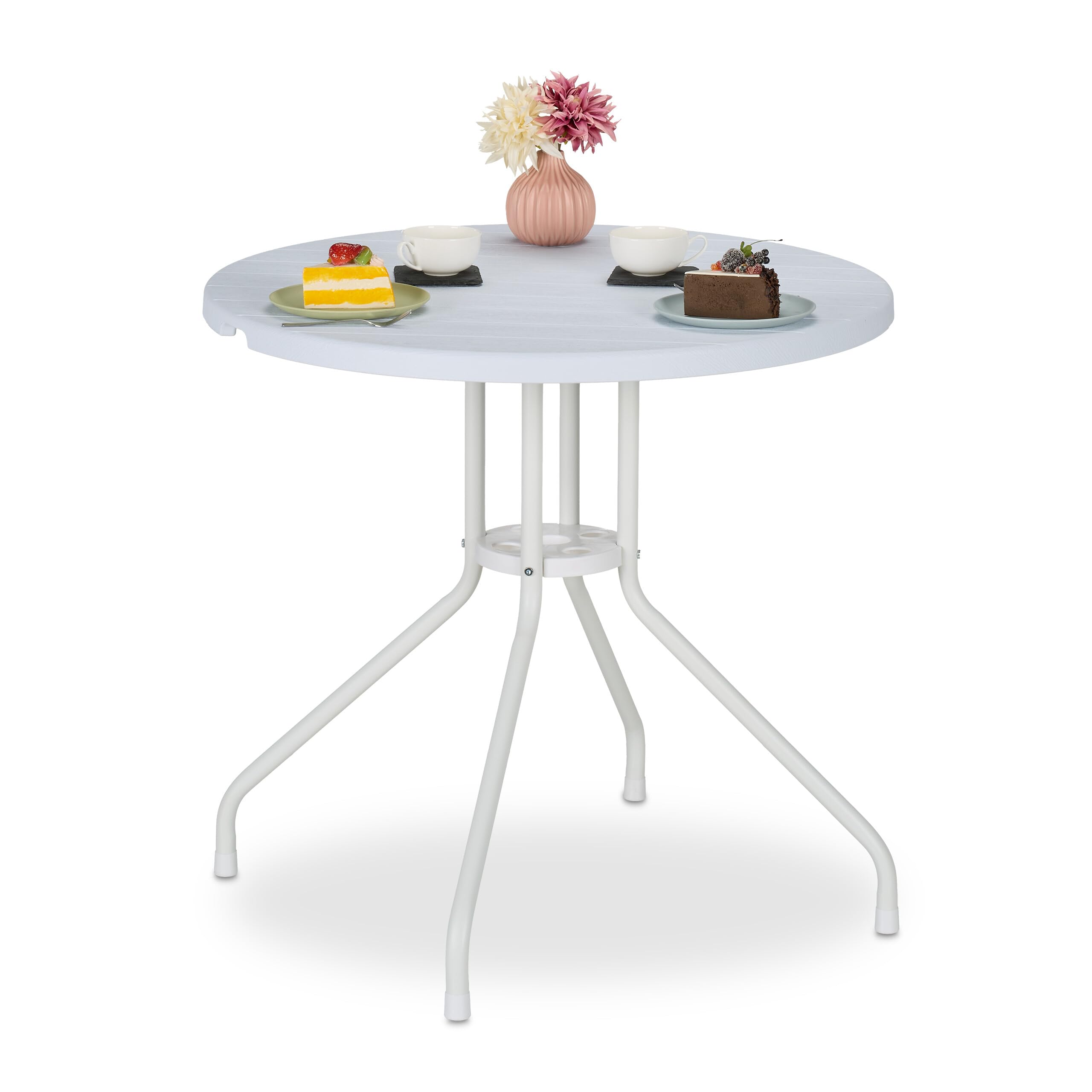 Relaxdays Tavolo Rotondo da Giardino, Tavolino da Balcone HLP: 74 x 80 cm, Arredo Esterno Effetto Legno, Bianco