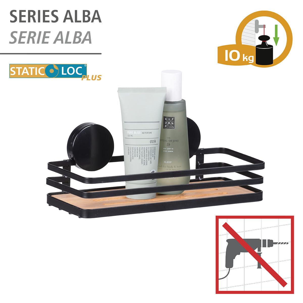 Wenko Superficie di appoggio da parete Static-Loc Plus Alba per stanza da bagno, in acciaio verniciato e bambù sostenibile, fissaggio senza perforazione, 26,5 x 12,5 x 11 cm, nero/al naturale
