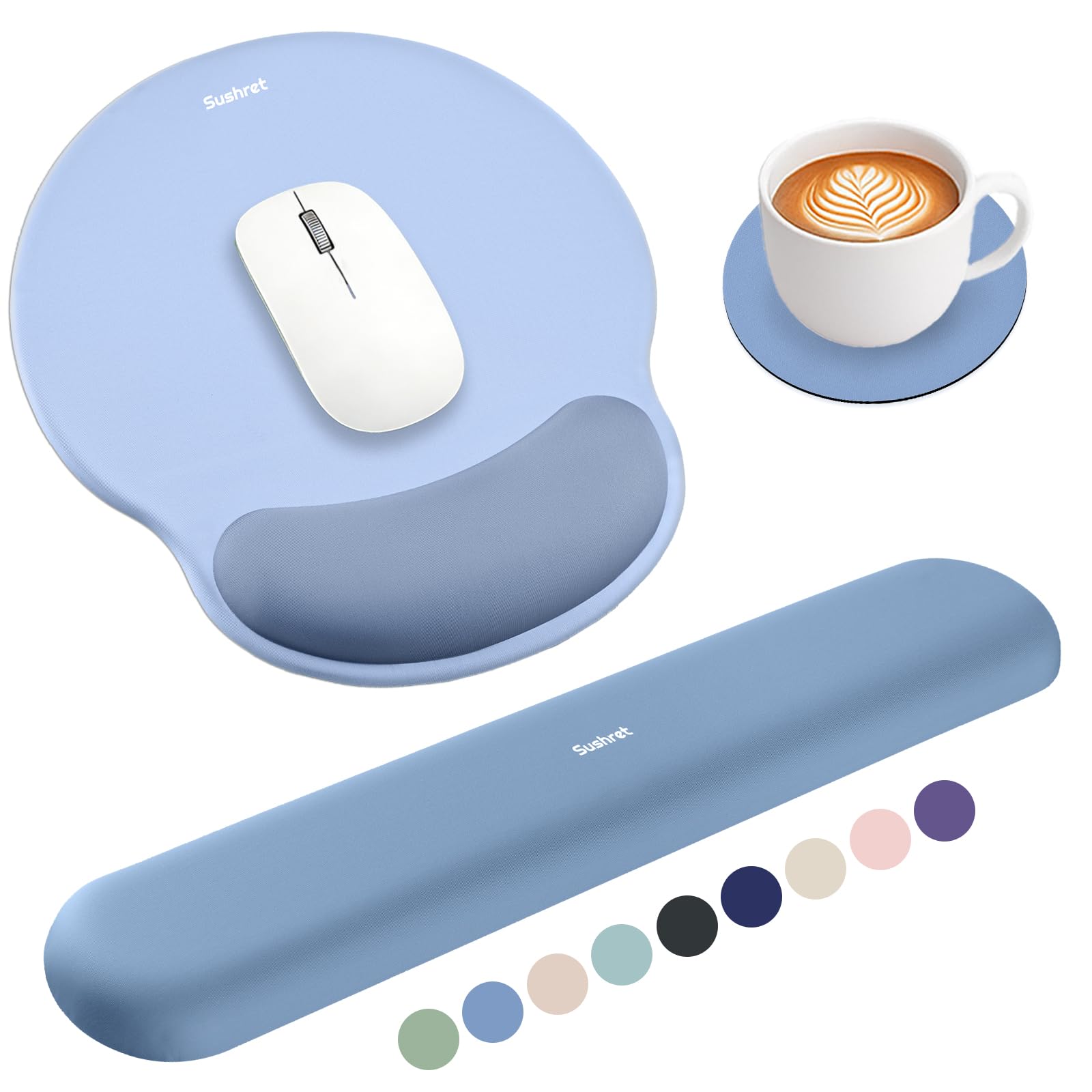 Sushret Mouse Mat and Keyboard Wrist Rest Set, 3-in-1 Gel Memory Foam Ergonomic Mouse Pad with Wrist Support, Gaming Mousepad Arm Cushion for Computer Office Desk Accessories Cute Setup,Sky Blue