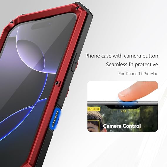 Simicoo ミリタリーメタルヘビーデューティーケース iPhone 17 Pro Max用 落下保護 頑丈なディフェンダー メタルバンパースクリューケース スタンド付き ゴリラガラスカメラカバー フルボディ防塵保護カバー レッド