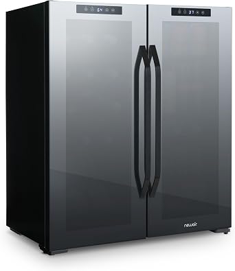 NewAir 27 Dual Zone Beverage Refrigerator & Wine Cooler for 18 Bottles & 59 Cans | Freestanding or Built-In Under Counter Mini Fridge for Beer, Wine and Soda | Black