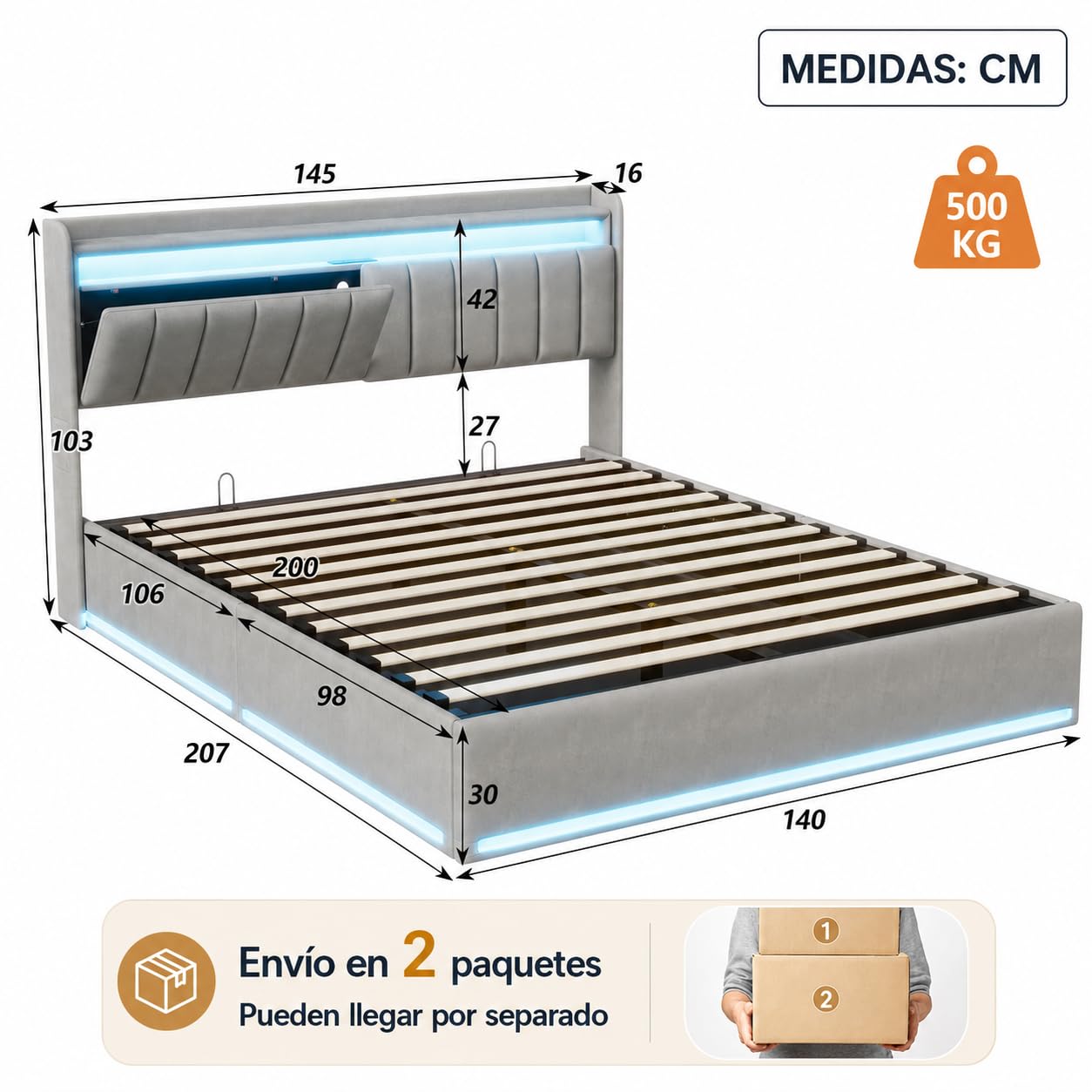 Cama Matrimonio Cama 140x200 cm con USB y Iluminación LED, Camas matrimoniales con Almacenamiento Hidráulico, Cama tapizada con Somier de Láminas (Gris-a, 140x200 cm)