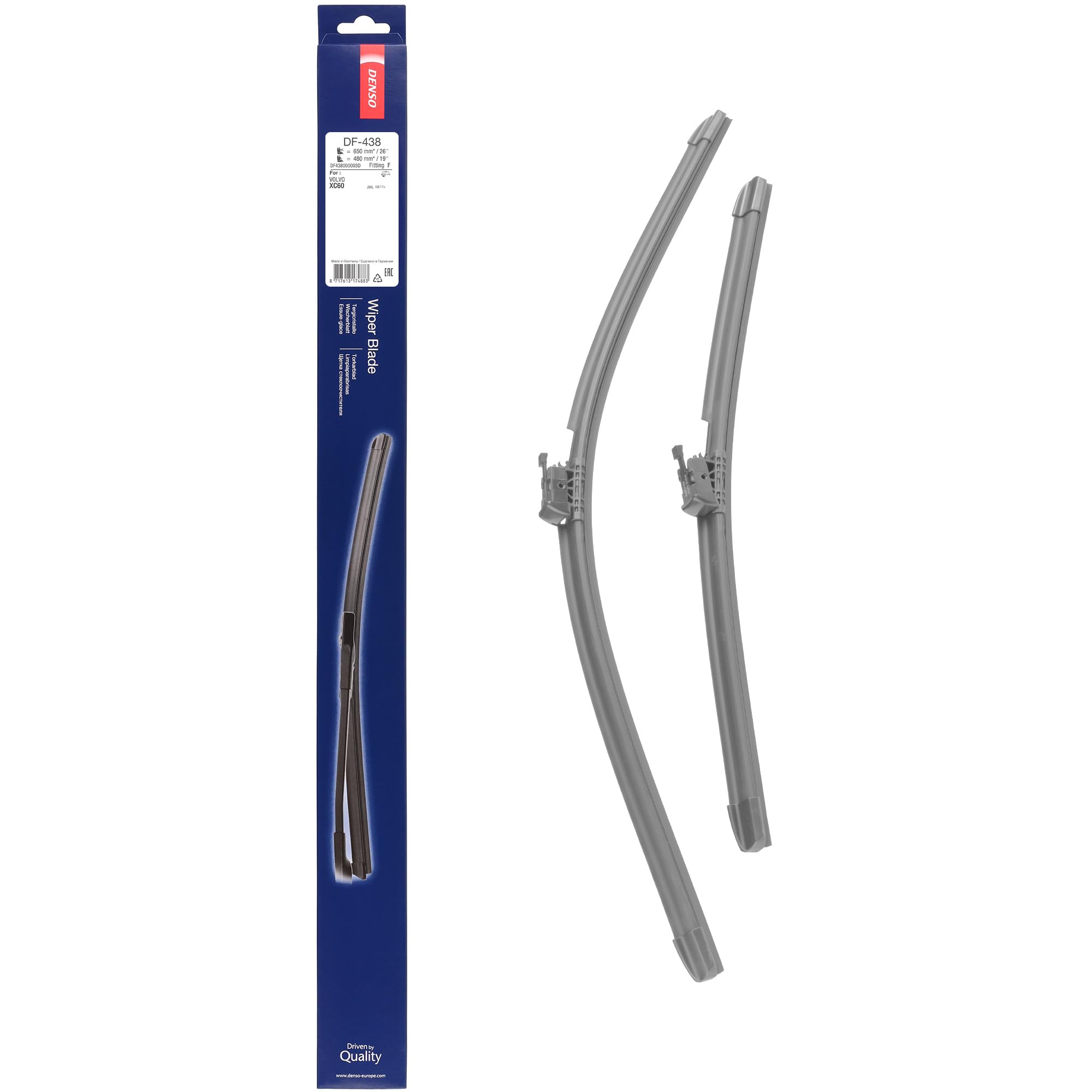 Kit de Escobillas Limpiaparabrisas Planas DENSO (DF-438), 2 Unidades 650/480mm – Vehículos con volante a izquierda – Silenciosas y Duraderas con Diseño Aerodinámico – Escobillas Limpiaparabrisas OEM