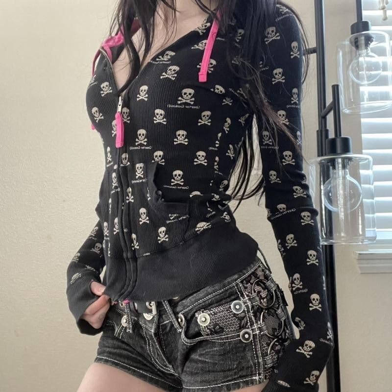 Womens Punk Skeleton Print Contrasting Hoodies Sweatshirt Jacket Women Slim Fit Black Long Sleeve Tops - Image 2