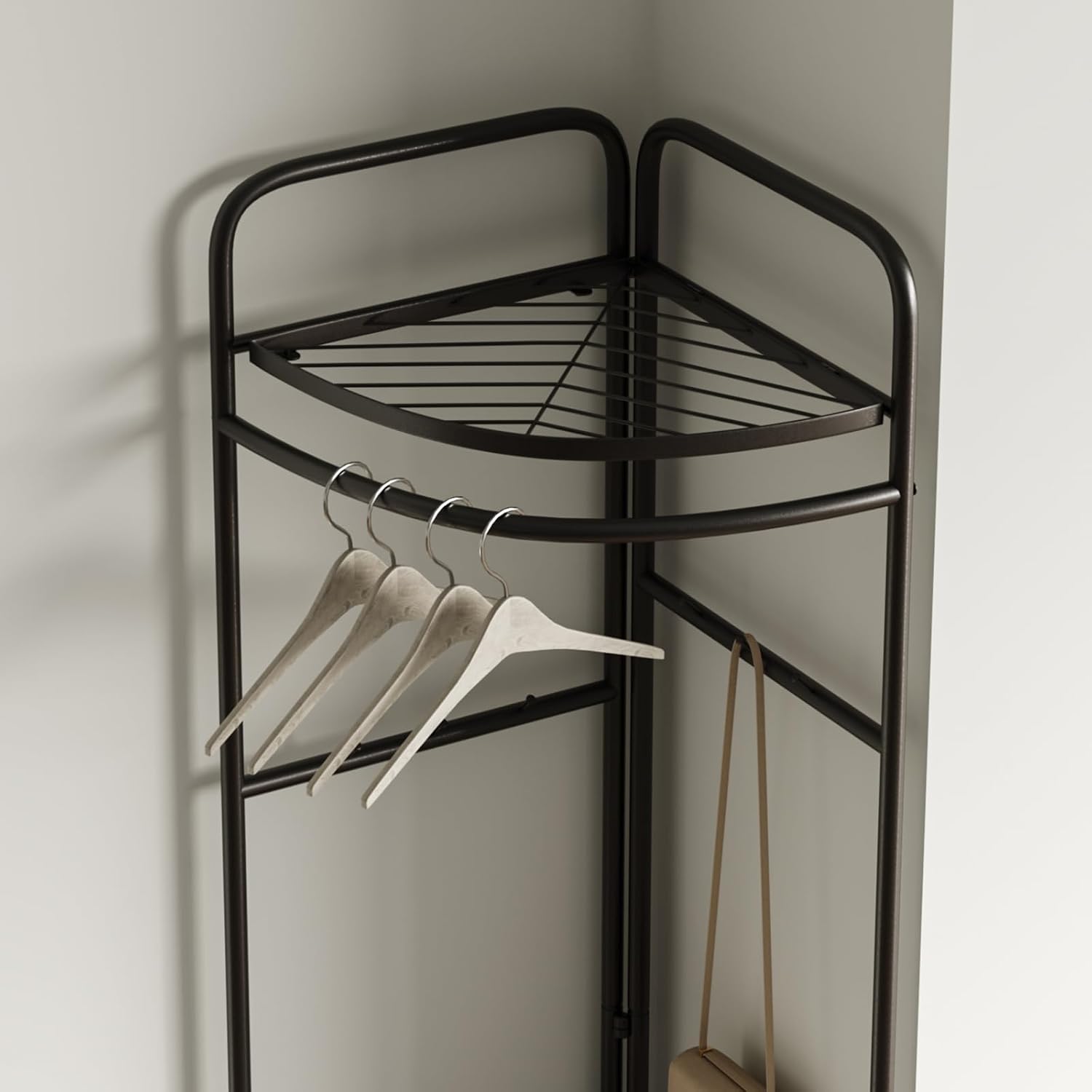 corner coat rack,corner clothing rack with 6 hooks and storage shelf,metal clothes rack coat stand for Entryway, Bedroom