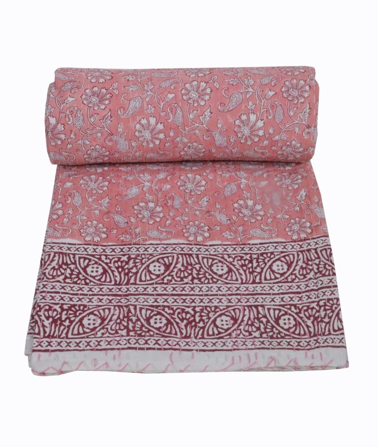 V Vedant Designs Indian Kantha Quilt Block Printed Kantha Blanket Cotton Kantha Bedspread Handmade Coverlet Throw Queen & Twin Size Kantha Bedcover (Multi 01, Twin(90x60))