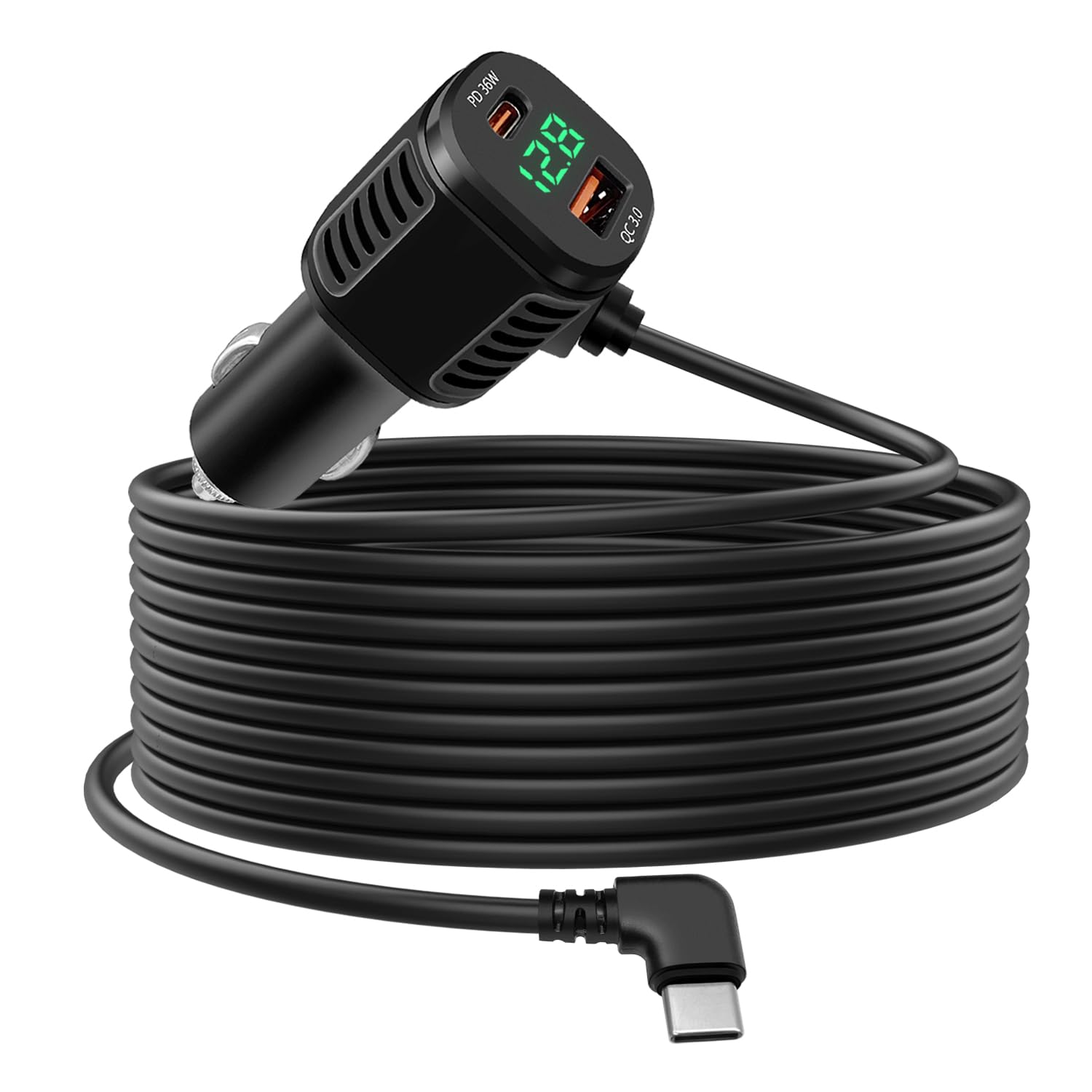 Ładowarka samochodowa USB C 60 W, 3 porty PD i QC3.0 szybkie ładowanie zapalniczka adapter ładowarki z woltomierzem LED i kablem USB C 3,5 m, kompatybilny z iPhone Samsung Huawei