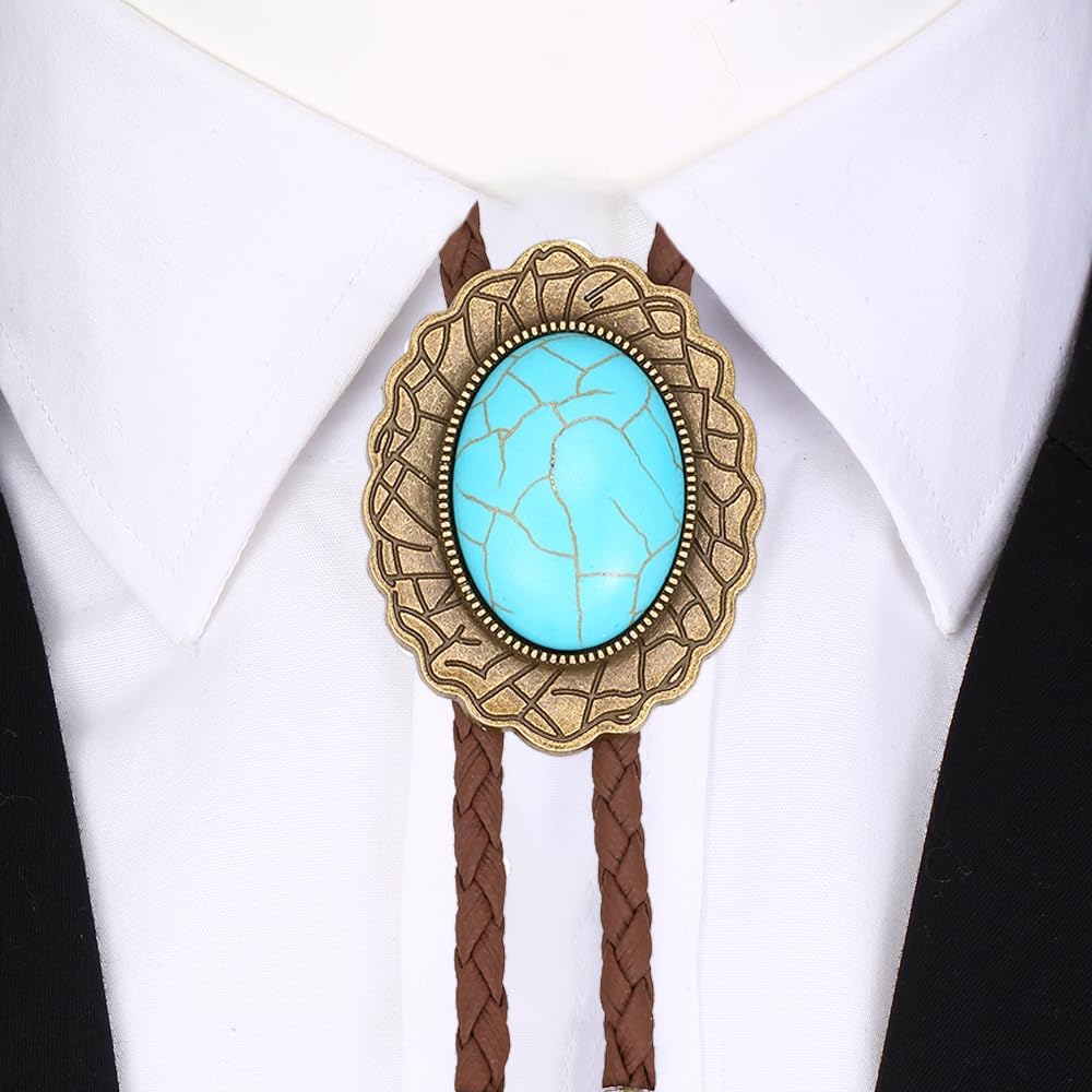 AZORA Western Cowboy Bolo Tie Men Leather Necktie Leather Cord Turquoise Stone Bolo Ties for Men Women