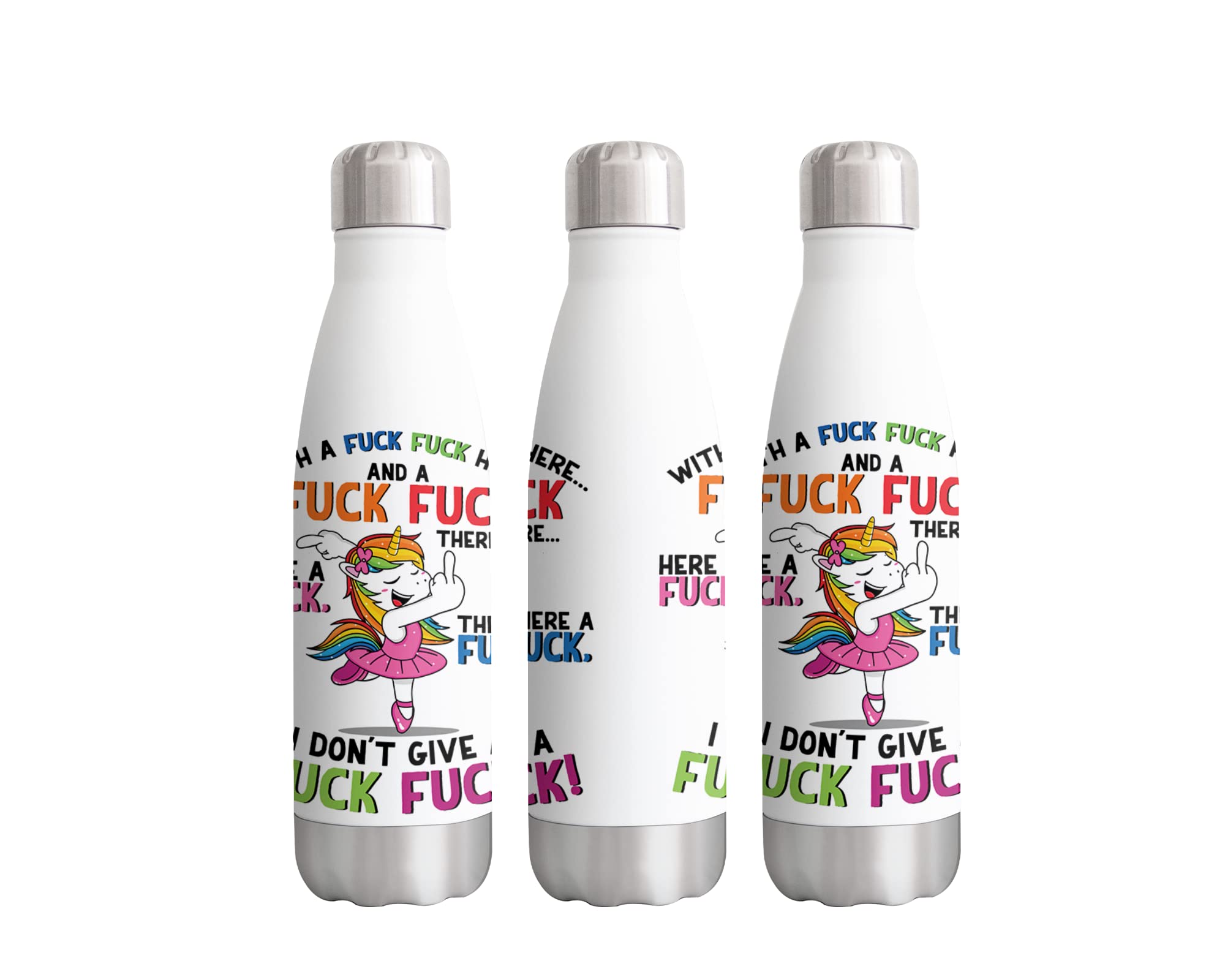 Vixar Unicorn Bottle with a Fuck Here I Dont give a Fuck! Swearing Bottle double Wall insulated Stainless steel sport Drinks 500ml WHITE Gift ideal for school work office Oudoor sports