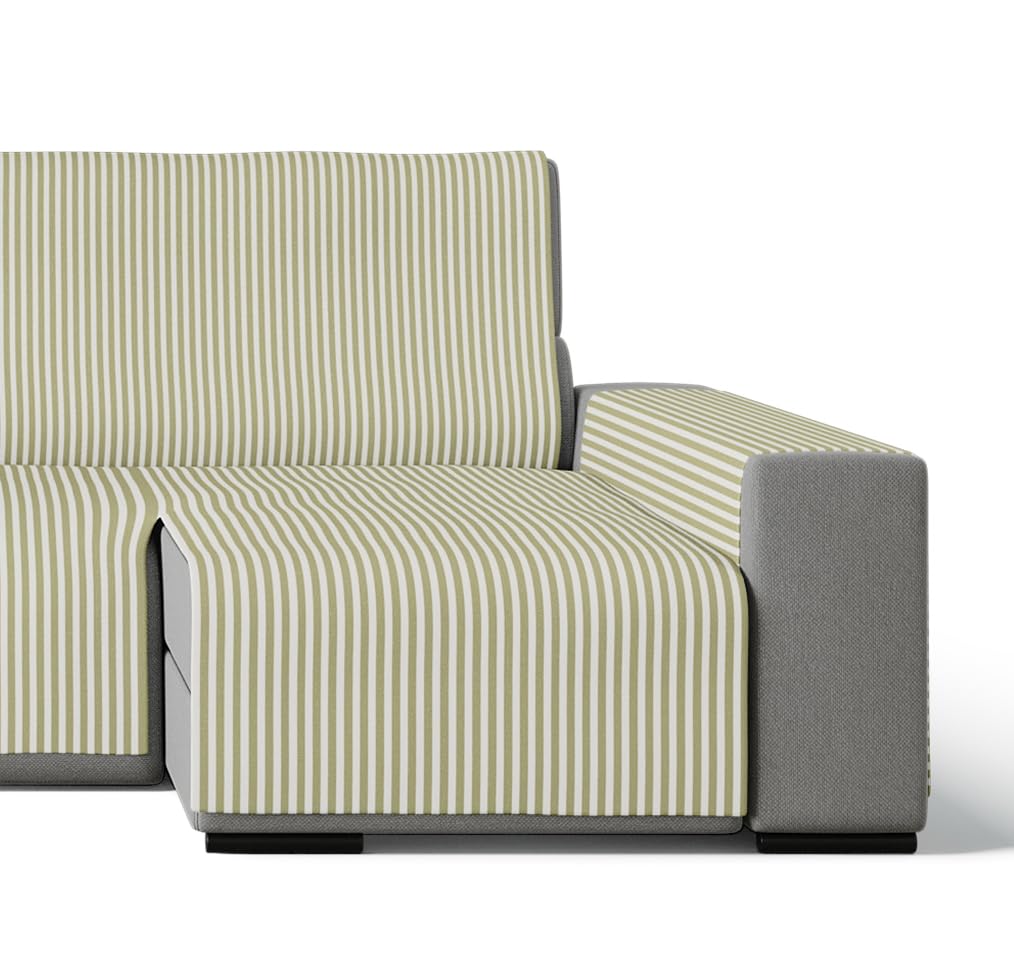 GAMUSI Cubre sofá - Funda de sofá práctica de algodón Chaise Longue 200 cm Derecho (hasta 230 cm de Ancho) - Color Rayas Verde