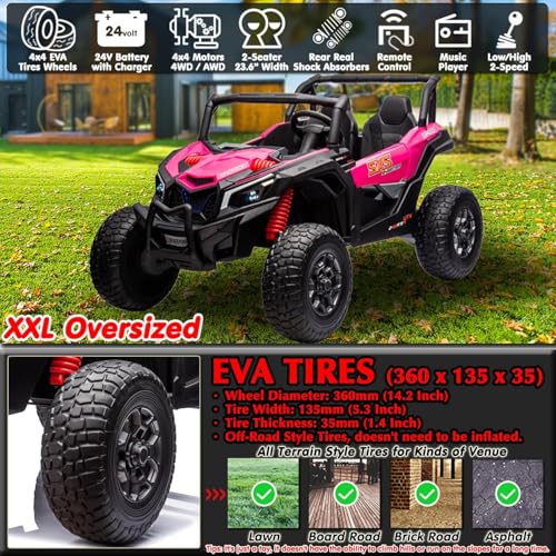 sopbost XXXL 24V Ride On Car with Remote Control 2 Seater Kids UTV 4x4 Electric Vehicle Ride On Toy Car with EVA Tires Wheels, 4x200W Motors, Bluetooth, Pink