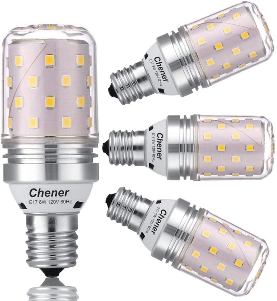 E17 Intermediate Base LED Bulb,4 Pack 8W(60 Watt Light Bulbs Equivalent),Soft White 3000K,Non-dimmable,Metal Shell,360 Degree Angle for Microwave Oven,Ceiling Fan and IKEA Lamp,4 Pack,Chener