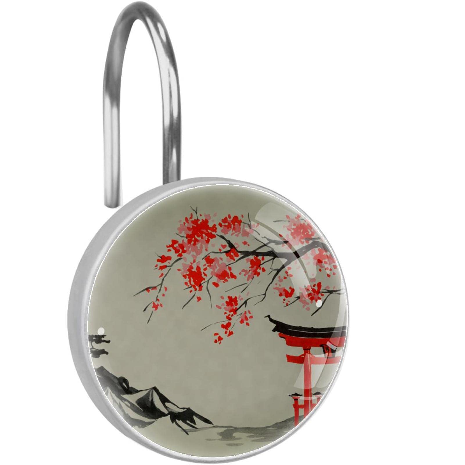 Crochets pour rideau de douche inox lot de 12 anneaux style japonais paysage rétro pour salle de bain