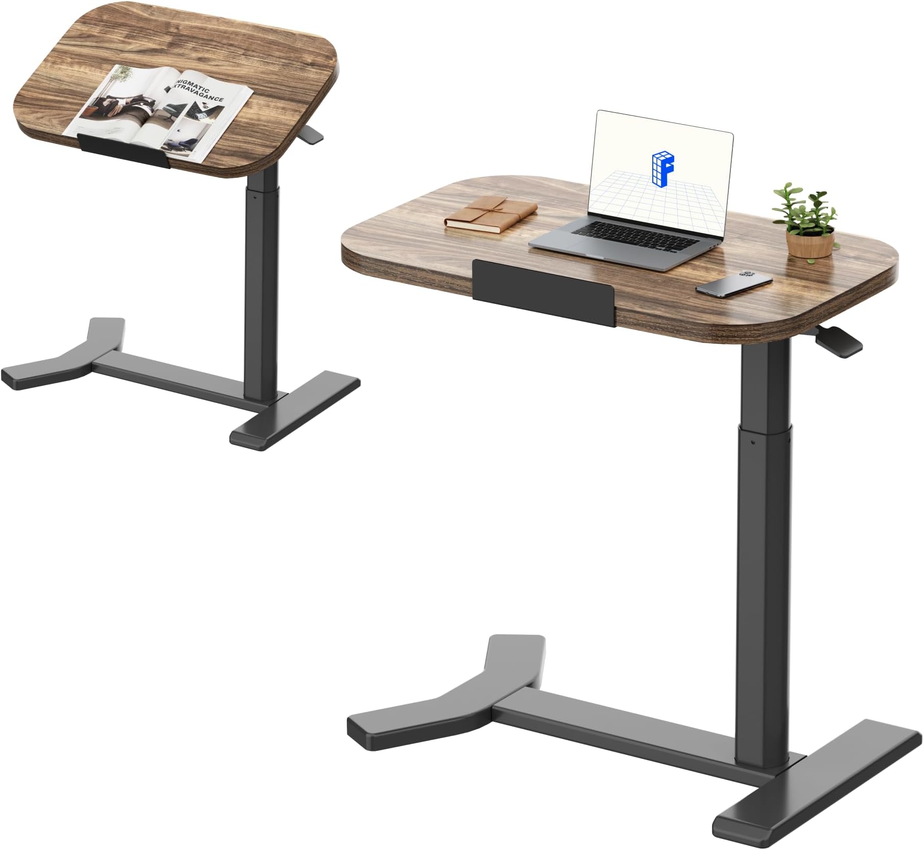 FLEXISPOT Overbed Table with Wheels, Adjustable Height Bedside Table, Rolling Laptop Desk for Bed Sofa, Small Standing Desk 60 x 40 cm, Mobile Computer Cart, H5 Brown