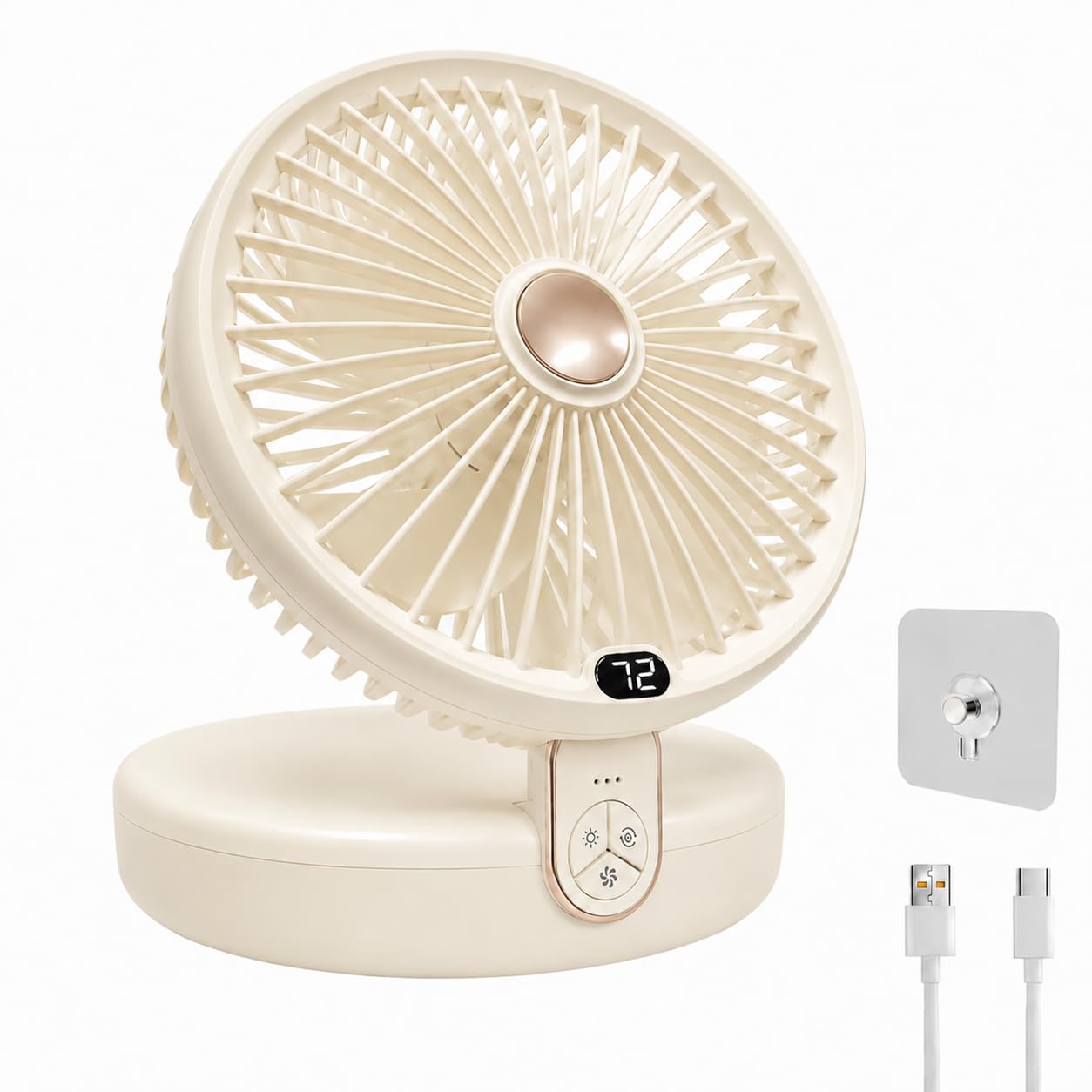 SLuB Ventilatore Multifunzione 2 in 1, da Tavolo e da Parete, 5 Pale | 6 velocità, vento naturale, LED a 3 livelli, silenzioso, USB ricaricabile, pieghevole, gancio e cinghia inclusi