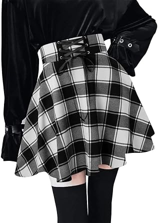 Kinghua Womens High Waisted Plaid Mini Skirts A Line Pleated Lace Up Short Skirt